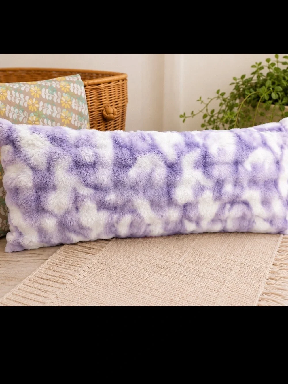 New Large Girl’s Tie Dye Furry Plush Body Pillow Purple White Pillow 16x36”